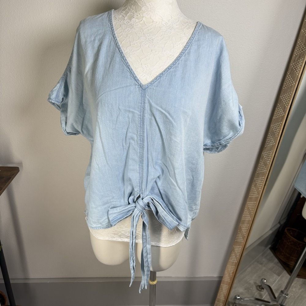 Susina Women XL Light Blue Top Front Tie Boho Coastal 100% Cotton